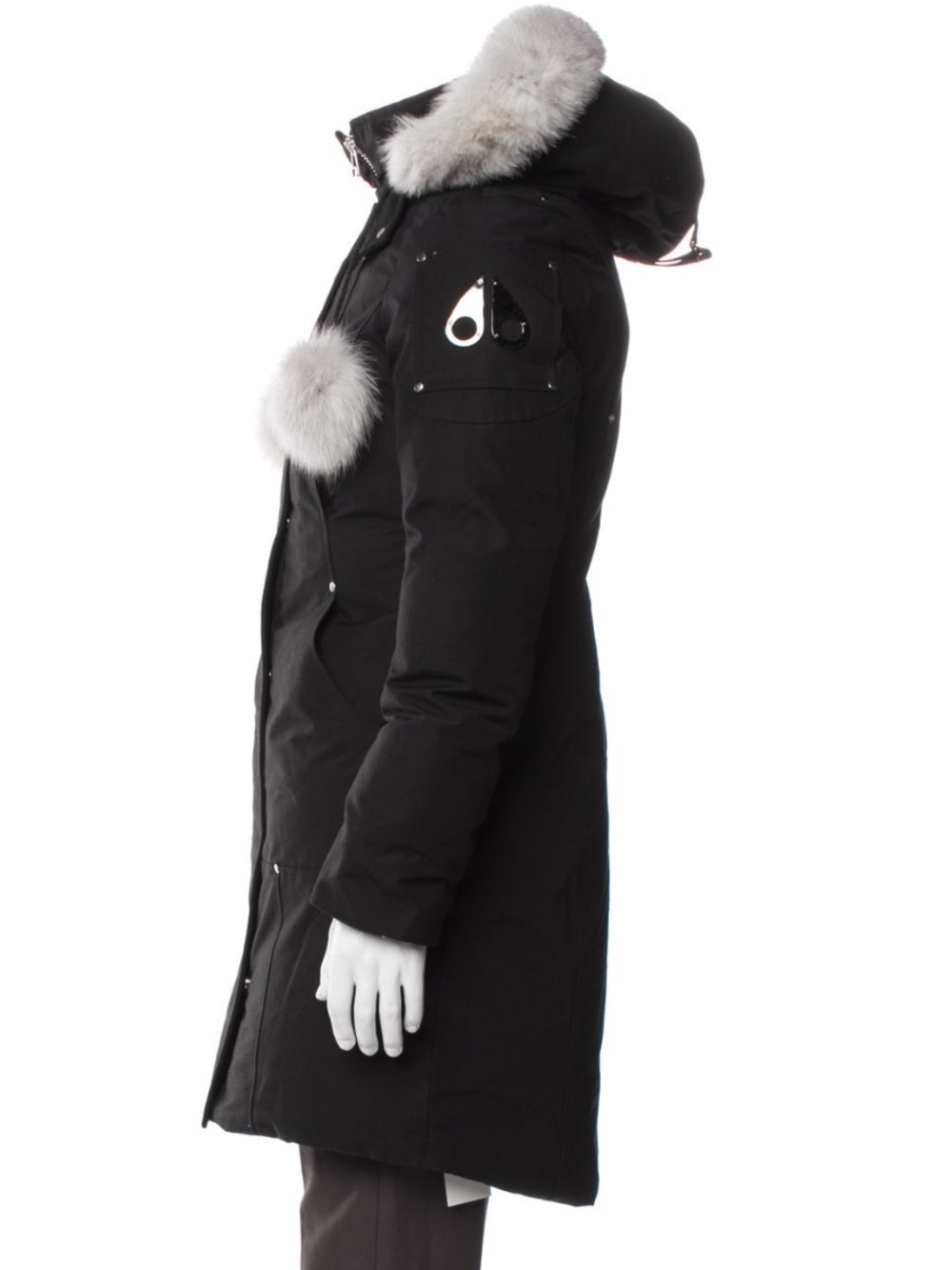 Moose Knuckles Black Parka with Light Gray Fur Trim